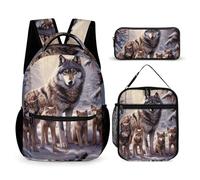 HETVBNS Wolves Family Backpack Set 3 Piece, Durable Backpack Insulated Lunch Bag Portable Pencil Case for Men Women
