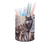 HETVBNS Wolves Family Pen Holder for Desk PU Leather Round Desk Organizer Multifunctional Makeup Brush Storage Aesthetic Desktop Supplies Stylish Pencil Holder for Office & Home
