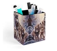 HETVBNS Wolves Family Pen Holder for Desk - PU Leather Square Desk Organizer Travel Makeup Brush Storage Stylish Pencil Holder Desktop Stationery Organizer for Office & Home