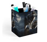 HETVBNS Wolves in The Moonlight Pen Holder for Desk - PU Leather Square Desk Organizer Travel Makeup Brush Storage Stylish Pencil Holder Desktop Stationery Organizer for Office & Home