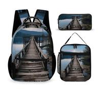 HETVBNS Wooden Trestle by The Water Backpack Set 3 Piece, Durable Backpack Insulated Lunch Bag Portable Pencil Case for Men Women