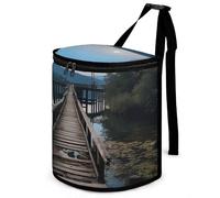 HETVBNS Wooden Trestle by The Water Car Trash Can with Lid, Leakproof Hanging Automotive Trash Bin, Waterproof Garbage Storage Bag for Vehicles, RV, Bathroom, Office
