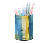 HETVBNS Yellow And Blue Pattern Pen Holder for Desk PU Leather Round Desk Organizer Multifunctional Makeup Brush Storage Aesthetic Desktop Supplies Stylish Pencil Holder for Office & Home