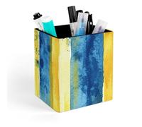HETVBNS Yellow And Blue Pattern Pen Holder for Desk - PU Leather Square Desk Organizer Travel Makeup Brush Storage Stylish Pencil Holder Desktop Stationery Organizer for Office & Home