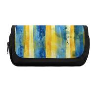 HETVBNS Yellow And Blue Pattern Pencil Case Extra Large, Double Layer Pencil Pouch with Zipper, Portable Cosmetic Bags for Travel, Office Stationery Organizer for Women Men