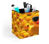 HETVBNS Yellow Rubber Ducky With Sunglasses Pen Holder for Desk - PU Leather Square Desk Organizer Travel Makeup Brush Storage Stylish Pencil Holder Desktop Stationery Organizer for Office & Home