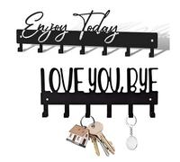 HEUIOP 2 Pack Key Holder, Love You Bye and Enjoy Today Sign Keys Hanger for Wall, Wall Mounted Key Rack, Black Keys Hook with 14 Hooks for Hallway Bedroom Mudroom Office