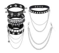 HEUIOP 5 Pcs Emo Accessories Set,Adjustable Black Studded Bracelet,Metal Leather Choker and White Pants Chain,Punk Rock Gothic Jewelry for Women Men Fancy Dress Halloween.