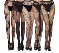 HEUIOP 5Pcs Women's Patterned Fishnet Black Lace Plus Size Fishnet Tights Fashionable High-waisted Pantyhose for Women Lady(Black Pattern Style)