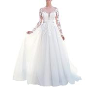 HEULORIA Long Sleeve A line Wedding Dress Plus Size lace Beading Bride Dress with Long Train AL-VNW-0541 (30 Plus, White)