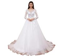 HEULORIA Long Sleeve A line Wedding Dress Plus Size Sequined lace Applique Bride Dress with Long Train AL-VN0518 (26 Plus, White)