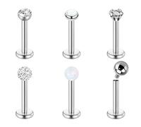 Heuvipens Universal 6pc 6/8/10/12mm Various 3mm Gem Opal Zircon Monroe Labret Internally Threaded Steel Lip Stud Ear Conch Tragus Piercing Jewelry, Suitable for Bar Length: 6mm & 8mm, Metal, cz
