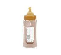HEVEA Plastic-Free Wide Neck Glass Baby Bottle with Sand Sleeve - Medium Flow Anti Colic Baby Bottles 3-24 Months - Eco-Friendly, BPA-Free, Single-Pack (250 ML)