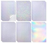Heveer Holographic Stickers Paper Self-Adhesive Holographic Film A4 Transparent Sticker Paper for DIY Crafting 6 Patterns 24 Sheets