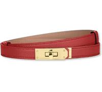 HEVIBK Women Skinny Leather Belt Classic Solid Color Alloy Turn Lock Ladies Adjustable Leather Belt Slim Thin Waist Belt (Red/Gold)