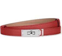 HEVIBK Women Skinny Leather Belt Classic Solid Color Alloy Turn Lock Ladies Adjustable Leather Belt Slim Thin Waist Belt (Red/Silver)