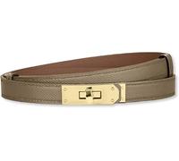 HEVIBK Women Skinny Leather Belt Classic Solid Color Alloy Turn Lock Ladies Adjustable Leather Belt Slim Thin Waist Belt （Brown Green/Gold）