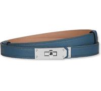 HEVIBK Women Skinny Leather Belt Classic Solid Color Alloy Turn Lock Ladies Adjustable Leather Belt Slim Thin Waist Belt （Dark Blue/Silver）