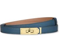 HEVIBK Women Skinny Leather Belt Classic Solid Color Alloy Turn Lock Ladies Adjustable Leather Belt Slim Thin Waist Belt (Dark Blue/Gold)