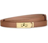 HEVIBK Women Skinny Leather Belt Classic Solid Color Alloy Turn Lock Ladies Adjustable Leather Belt Slim Thin Waist Belt(Caramel/Gold)