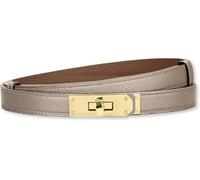 HEVIBK Women Skinny Leather Belt Classic Solid Color Alloy Turn Lock Ladies Adjustable Leather Belt Slim Thin Waist Belt （Light Khaki/Gold）