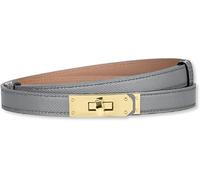 HEVIBK Women Skinny Leather Belt Classic Solid Color Alloy Turn Lock Ladies Adjustable Leather Belt Slim Thin Waist Belt (Light Grey/Gold)