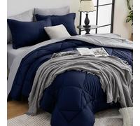 HEVUMYI Queen Comforter Set - 7-Piece All Season Bed in a Bag Queen, Ultra Soft Bedding Set with Comforter, Flat Sheet, Fitted Sheet, Pillowcases, Pillow Shams, Navy Blue & Light Grey