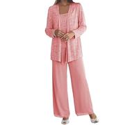 HEWIEHME Mother of The Bride Pant Suits Women's Pantsuits Chiffon Lace Plus Size Pant Suits Coral