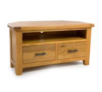 hewitt wooden corner tv stand with 2 drawers in rustic oak