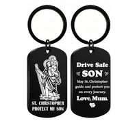 Hewonnn Drive Safe Son Gifts - St. Christopher Keyring for Son from Mum - Saint Christopher Protection Gift Set with Trust in God Mirror Stickers