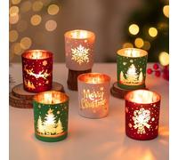 Hewory Christmas Candle Holder Decorations: Set of 6 Tea Light Candle Holders Christmas Table Centrepiece, Xmas Ornaments Tealight Holders with Winter Santa Tree Pattern