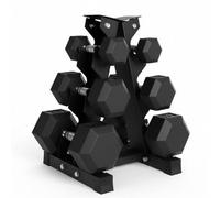 Hex Dumbbell Set 150Kg With Rack, 3 Pair Rubber Encased Cast Iron Free Weights For Home Gym (22.5Kg, 25Kg & 27.5Kg)
