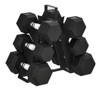 Hex Dumbbell Set 34x10x32cm Black Rubber Coated Cast Iron 36KG with Compact Rack