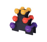 SONGMICS Set of 6 Dumbbells with Storage Stand, Hand Weights with Neoprene Coating, Hexagonal Dumbbells, 1 kg, 1.5 kg, 2 kg, Home Workout, Fitness, Yellow, Orange, and Purple SYL69BK