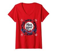 Hex Your Ex: Witchy Breakup Empowerment Moonlit Wreath V-Neck T-Shirt, Women, Red, S