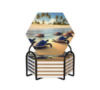 Hexagon Ceramic Coaster Set of 6 turtles on the beach Prints : Non-slip cork bottom Fits all Coffee Cups Sports Cups and Mugs ​