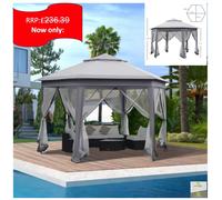 Hexagon Pop Up Gazebo Double Roof Netting, 4m x 4m, Grey w/ Mesh, 4x4m