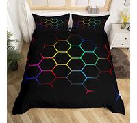 Hexagonal Bedding Set Geometric Honeycomb Duvet Cover for Kids Boys Girls Beehive Hexagon Bed Cover Yellow Red Green Black Blue Bedspread Cover 3Pcs Double Size