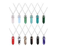 Hexagonal crystal pendant chain necklaces, pointed quartz stone gemstone necklaces with storage bag, 12 colours, pack of 12