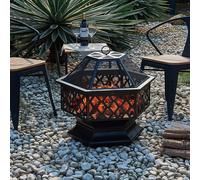 Hexagonal Fire Pit - Outdoor Oil Rubbed Bronze Fire Pit With BBQ Grill