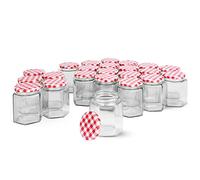 Maison & White Hexagonal Mouth Glass Jam Jars - Set of 24 | 250ml Capacity | Glass Preserve Pots | Screw Top | Gingham Lids | Airtight Pickle & Sauce Jars | M&W
