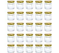 Hexagonal Glass Jars 30pcs 45ml Mini Mason Jars with Gold Airtight Lids for Honey, Jam, Spices, Pickles, Crafts & Storage Small Jars
