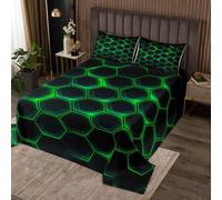 Hexagonal Honeycomb Bedspread Double Size,Neon Green Black Quilt Sets 3Pcs for Kids Teens Adults Room Decor,Modern Hexagonal Bedding Sets Cool Geometric Bedding Duvet,2 Pillowcases