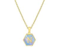 Hexagonal titanium steel letter N blue shell necklace Natural Gemstone Pendant For Men Women Couples