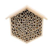 Hexagonal Wooden Bee House, Outdoor Pollinator Hotel, Handmade Solid Wood Bee Box with Nesting Tubes for Garden Bees, Attracts Peaceful Pollinators to Boost Plant