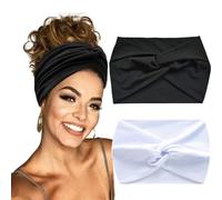 Hexchasty 2Pcs Turban Headbands for Women Thick Fashion Boho Stretchy Cute Extra Wide large Headbands Fabric Knotted Cloth Twisted Headband Head Wraps for Womens Girls Yoga Black (White+Black)