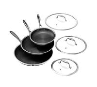 HexClad Hybrid Nonstick 6-Piece Fry Pan Set, 20 cm, 25 cm, and 30 cm Frying Pans with Tempered Glass Lids, Stay-Cool Handles, Dishwasher-Friendly, Induction Ready, Compatible with All Cooktops