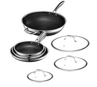 HexClad Hybrid Nonstick 7-Piece Pan Set, 20, 25, and 30 cm Frying Pans with Tempered Glass Lids and 30 cm Wok, Stay-Cool Handles, Dishwasher-Friendly, Induction Ready, Compatible with All Cooktops