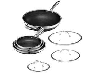 HexClad Hybrid Nonstick 7-Piece Pan Set, 20, 25, and 30 cm Frying Pans with Tempered Glass Lids and 30 cm Wok, Stay-Cool Handles, Dishwasher-Friendly, Induction Ready, Compatible with All Cooktops