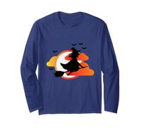 Hexe auf Besen VOR Sonnenuntergang mit Fledermäusen Long Sleeve T-Shirt